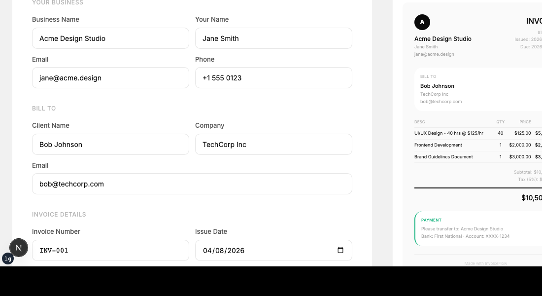 ScopeQuill invoice editor with filled business details, client info, line items, and live PDF preview
